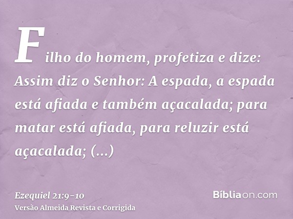 Filho do homem, profetiza e dize: Assim diz o Senhor: A espada, a espada está afiada e também açacalada;para matar está afiada, para reluzir está açacalada; ale