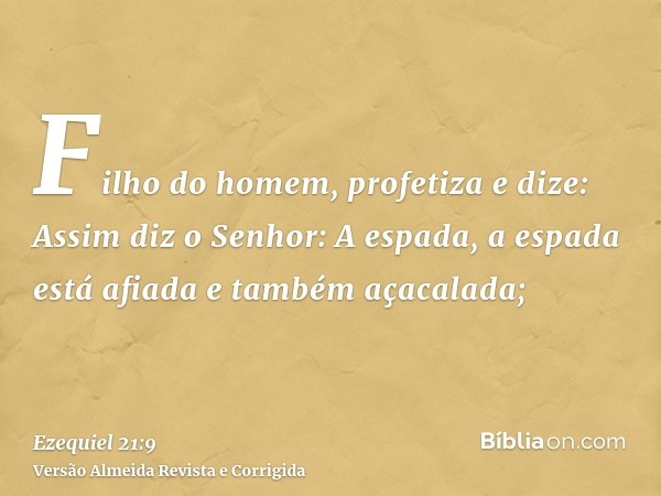Filho do homem, profetiza e dize: Assim diz o Senhor: A espada, a espada está afiada e também açacalada;