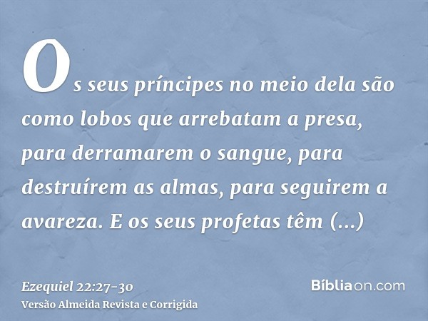 Os seus príncipes no meio dela são como lobos que arrebatam a presa, para derramarem o sangue, para destruírem as almas, para seguirem a avareza.E os seus profe