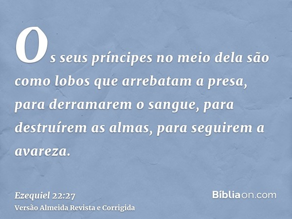 Os seus príncipes no meio dela são como lobos que arrebatam a presa, para derramarem o sangue, para destruírem as almas, para seguirem a avareza.