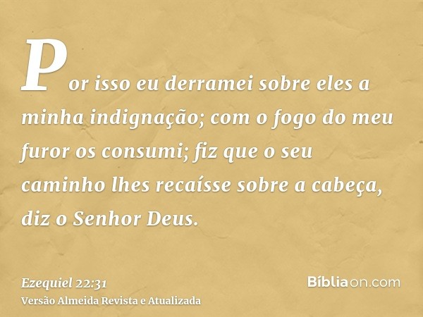 Por isso eu derramei sobre eles a minha indignação; com o fogo do meu furor os consumi; fiz que o seu caminho lhes recaísse sobre a cabeça, diz o Senhor Deus.