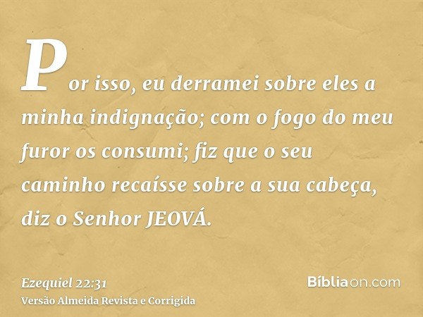 Por isso, eu derramei sobre eles a minha indignação; com o fogo do meu furor os consumi; fiz que o seu caminho recaísse sobre a sua cabeça, diz o Senhor JEOVÁ.