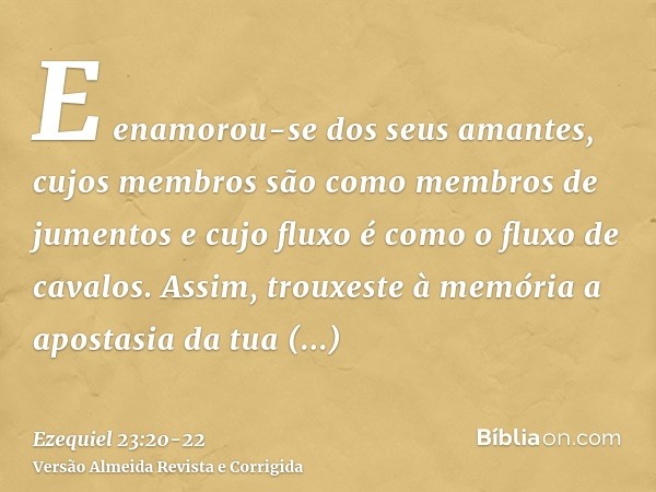 E enamorou-se dos seus amantes, cujos membros são como membros de jumentos e cujo fluxo é como o fluxo de cavalos.Assim, trouxeste à memória a apostasia da tua 