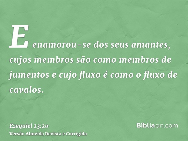 E enamorou-se dos seus amantes, cujos membros são como membros de jumentos e cujo fluxo é como o fluxo de cavalos.