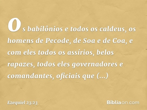 os babilônios e todos os caldeus, os homens de Pecode, de Soa e de Coa, e com eles todos os assírios, belos rapazes, todos eles governadores e comandantes, ofic