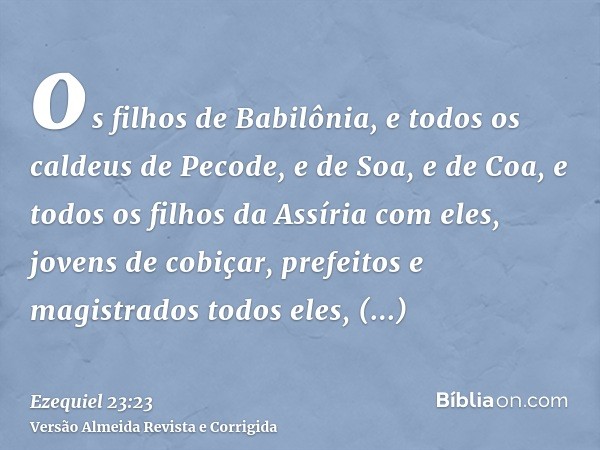 os filhos de Babilônia, e todos os caldeus de Pecode, e de Soa, e de Coa, e todos os filhos da Assíria com eles, jovens de cobiçar, prefeitos e magistrados todo