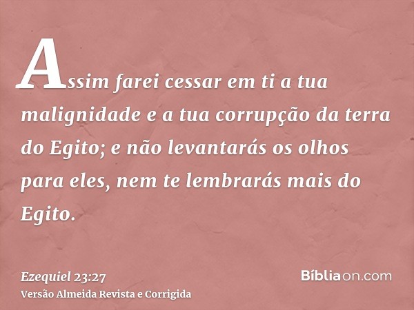 Assim farei cessar em ti a tua malignidade e a tua corrupção da terra do Egito; e não levantarás os olhos para eles, nem te lembrarás mais do Egito.