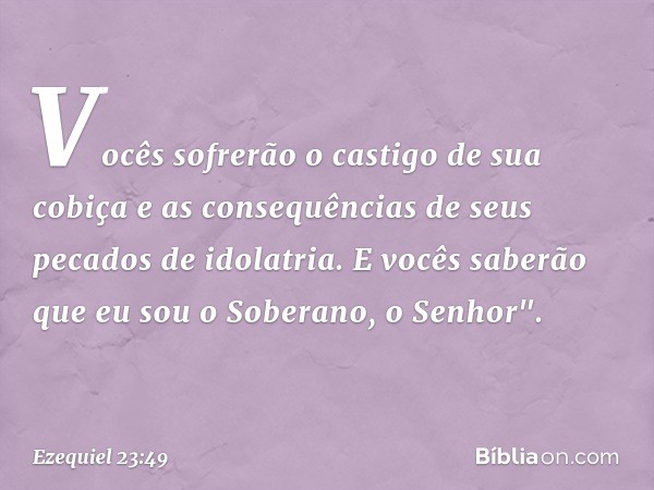 Vocês sofrerão o castigo de sua cobiça e as consequências de seus pecados de idolatria. E vocês saberão que eu sou o Soberano, o Senhor". -- Ezequiel 23:49