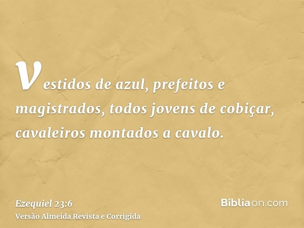 vestidos de azul, prefeitos e magistrados, todos jovens de cobiçar, cavaleiros montados a cavalo.