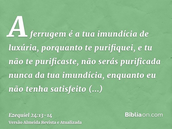 A ferrugem é a tua imundícia de luxúria, porquanto te purifiquei, e tu não te purificaste, não serás purificada nunca da tua imundícia, enquanto eu não tenha sa