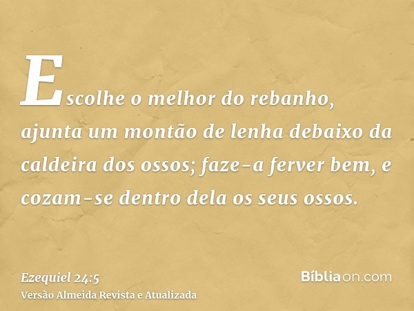 Escolhe o melhor do rebanho, ajunta um montão de lenha debaixo da caldeira dos ossos; faze-a ferver bem, e cozam-se dentro dela os seus ossos.