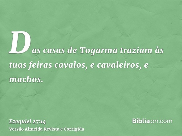 Das casas de Togarma traziam às tuas feiras cavalos, e cavaleiros, e machos.