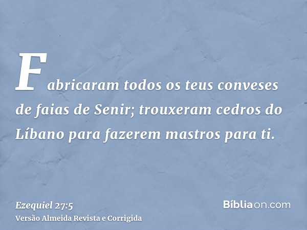 Fabricaram todos os teus conveses de faias de Senir; trouxeram cedros do Líbano para fazerem mastros para ti.