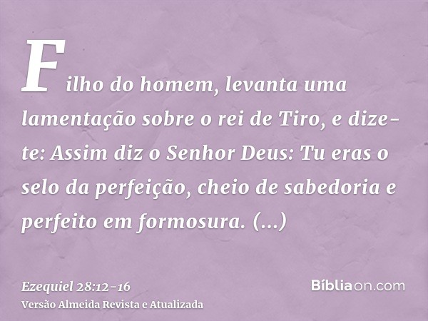 Filho do homem, levanta uma lamentação sobre o rei de Tiro, e dize-te: Assim diz o Senhor Deus: Tu eras o selo da perfeição, cheio de sabedoria e perfeito em fo