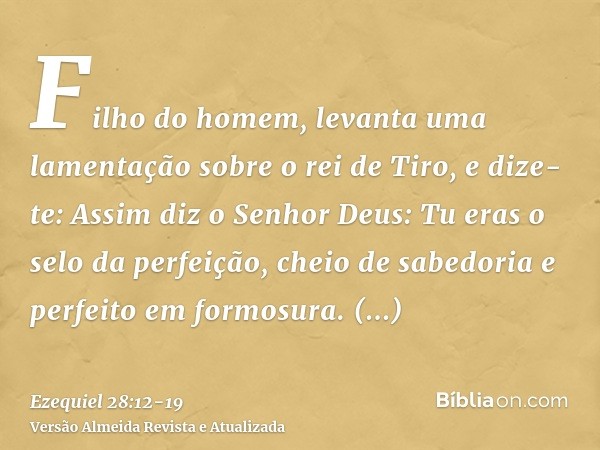 Filho do homem, levanta uma lamentação sobre o rei de Tiro, e dize-te: Assim diz o Senhor Deus: Tu eras o selo da perfeição, cheio de sabedoria e perfeito em fo