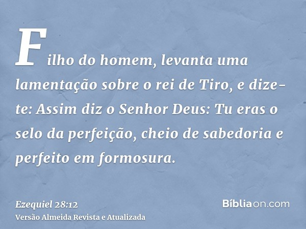 Filho do homem, levanta uma lamentação sobre o rei de Tiro, e dize-te: Assim diz o Senhor Deus: Tu eras o selo da perfeição, cheio de sabedoria e perfeito em fo