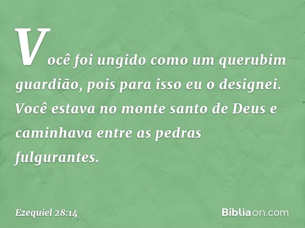 Você foi ungido
como um querubim guar­dião,
pois para isso eu o designei.
Você estava no monte santo de Deus
e caminhava entre as pedras
fulgurantes. -- Ezequie