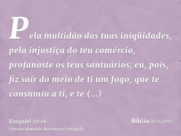 Pela multidão das tuas iniqüidades, pela injustiça do teu comércio, profanaste os teus santuários; eu, pois, fiz sair do meio de ti um fogo, que te consumiu a t