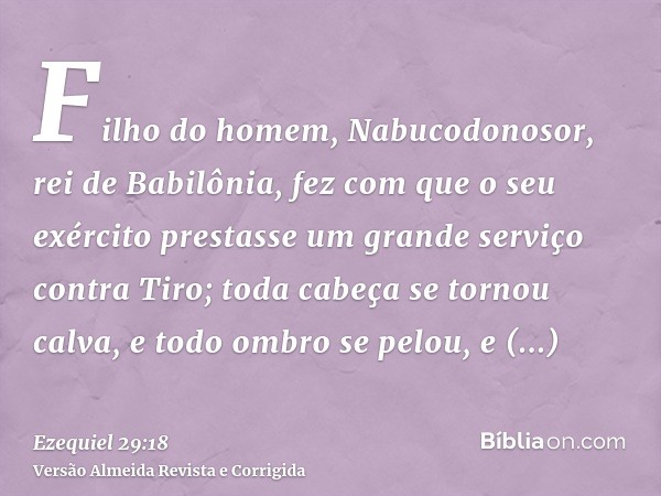 Filho do homem, Nabucodonosor, rei de Babilônia, fez com que o seu exército prestasse um grande serviço contra Tiro; toda cabeça se tornou calva, e todo ombro s
