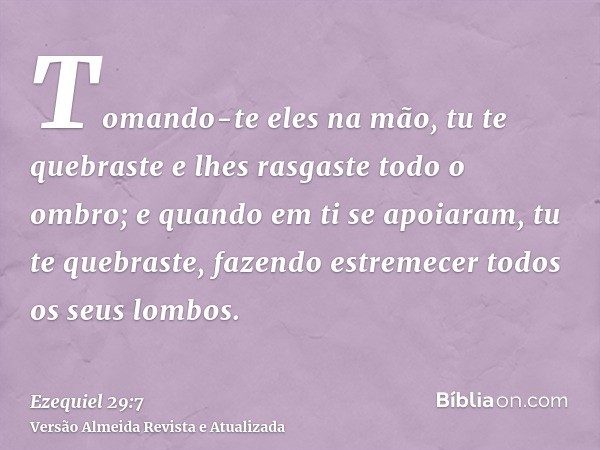 Tomando-te eles na mão, tu te quebraste e lhes rasgaste todo o ombro; e quando em ti se apoiaram, tu te quebraste, fazendo estremecer todos os seus lombos.