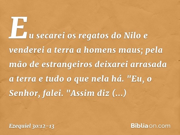 Eu secarei os regatos do Nilo
e venderei a terra
a homens maus;
pela mão de estrangeiros
deixarei arrasada a terra
e tudo o que nela há.
"Eu, o Senhor, falei. "