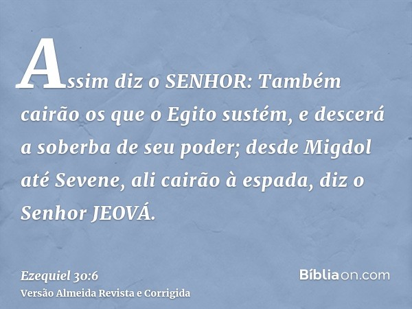Assim diz o SENHOR: Também cairão os que o Egito sustém, e descerá a soberba de seu poder; desde Migdol até Sevene, ali cairão à espada, diz o Senhor JEOVÁ.