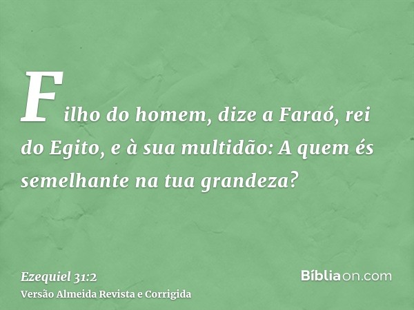 Filho do homem, dize a Faraó, rei do Egito, e à sua multidão: A quem és semelhante na tua grandeza?