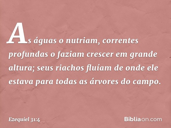 As águas o nutriam,
correntes profundas o faziam crescer
em grande altura;
seus riachos fluíam de onde ele estava
para todas as árvores do campo. -- Ezequiel 31