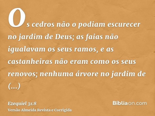 Os cedros não o podiam escurecer no jardim de Deus; as faias não igualavam os seus ramos, e as castanheiras não eram como os seus renovos; nenhuma árvore no jar