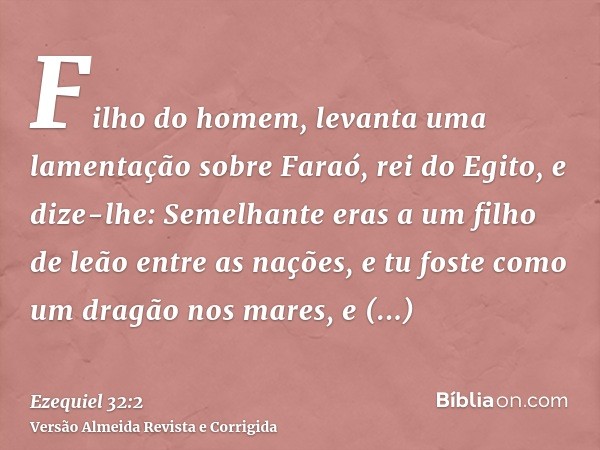 Filho do homem, levanta uma lamentação sobre Faraó, rei do Egito, e dize-lhe: Semelhante eras a um filho de leão entre as nações, e tu foste como um dragão nos 