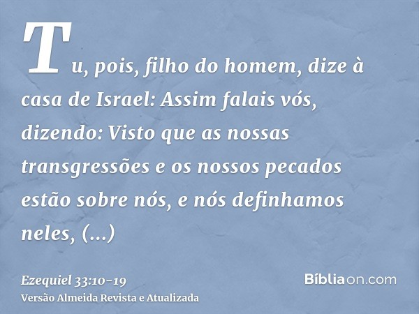 Tu, pois, filho do homem, dize à casa de Israel: Assim falais vós, dizendo: Visto que as nossas transgressões e os nossos pecados estão sobre nós, e nós definha