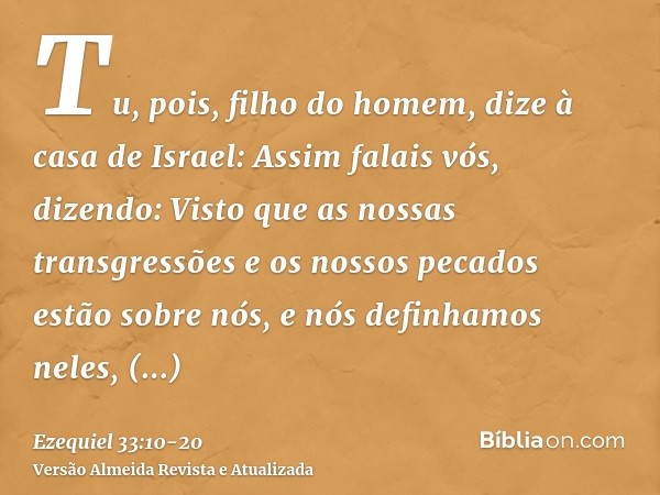 Tu, pois, filho do homem, dize à casa de Israel: Assim falais vós, dizendo: Visto que as nossas transgressões e os nossos pecados estão sobre nós, e nós definha