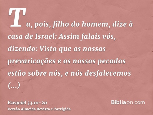 Tu, pois, filho do homem, dize à casa de Israel: Assim falais vós, dizendo: Visto que as nossas prevaricações e os nossos pecados estão sobre nós, e nós desfale