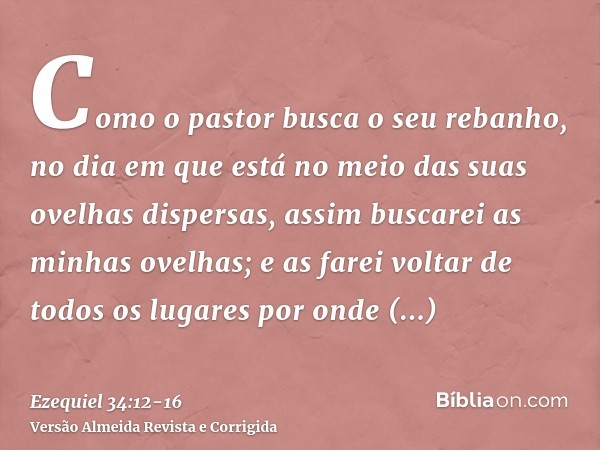 Como o pastor busca o seu rebanho, no dia em que está no meio das suas ovelhas dispersas, assim buscarei as minhas ovelhas; e as farei voltar de todos os lugare