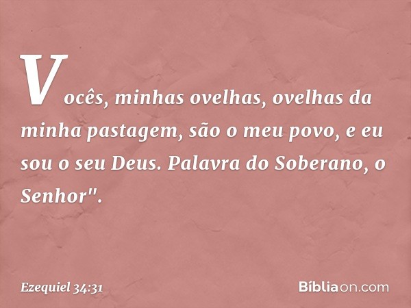 Vocês, minhas ovelhas, ovelhas da minha pastagem, são o meu povo, e eu sou o seu Deus. Palavra do Soberano, o Senhor". -- Ezequiel 34:31