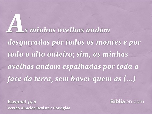 As minhas ovelhas andam desgarradas por todos os montes e por todo o alto outeiro; sim, as minhas ovelhas andam espalhadas por toda a face da terra, sem haver q