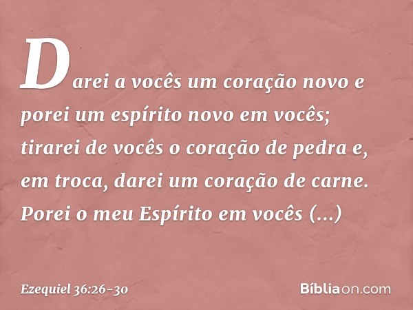 Darei a vocês um coração novo e porei um espírito novo em vocês; tirarei de vocês o coração de pedra e, em troca, darei um coração de carne. Porei o meu Espírit