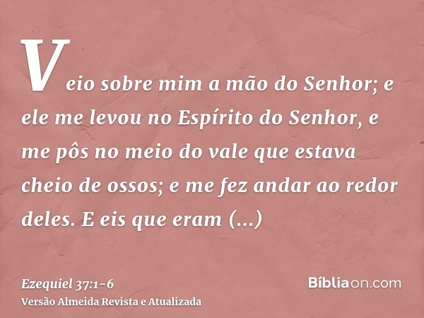 Veio sobre mim a mão do Senhor; e ele me levou no Espírito do Senhor, e me pôs no meio do vale que estava cheio de ossos;e me fez andar ao redor deles. E eis qu