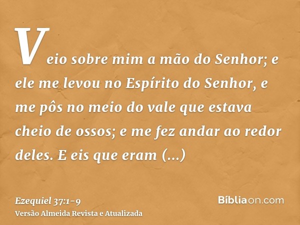 Veio sobre mim a mão do Senhor; e ele me levou no Espírito do Senhor, e me pôs no meio do vale que estava cheio de ossos;e me fez andar ao redor deles. E eis qu