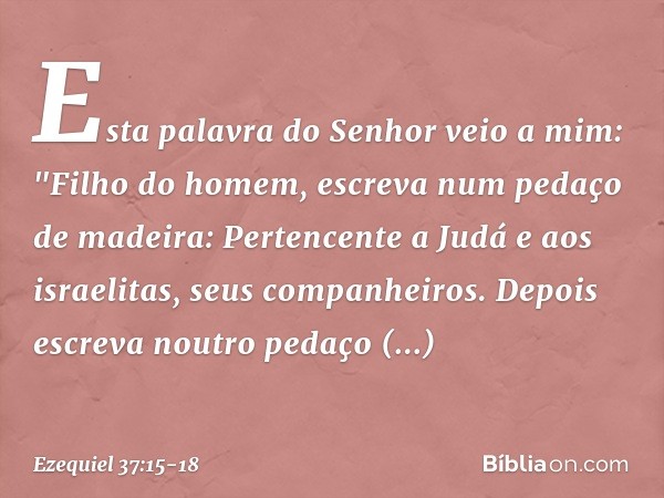 Esta palavra do Senhor veio a mim: "Fi­lho do homem, escreva num pedaço de madeira: Pertencente a Judá e aos israelitas, seus companheiros. Depois escreva noutr
