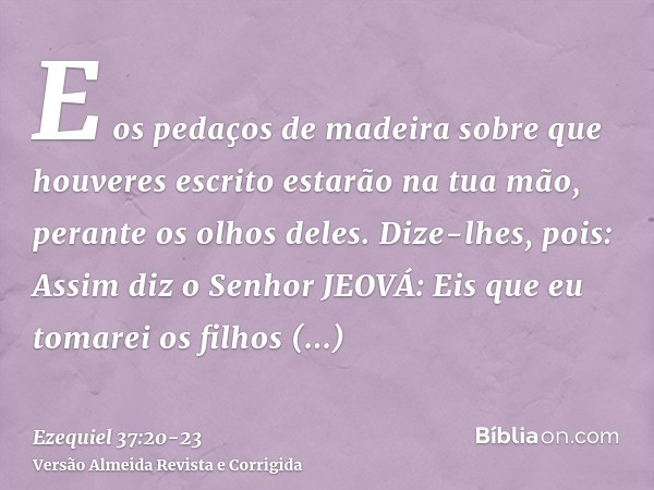 E os pedaços de madeira sobre que houveres escrito estarão na tua mão, perante os olhos deles.Dize-lhes, pois: Assim diz o Senhor JEOVÁ: Eis que eu tomarei os f