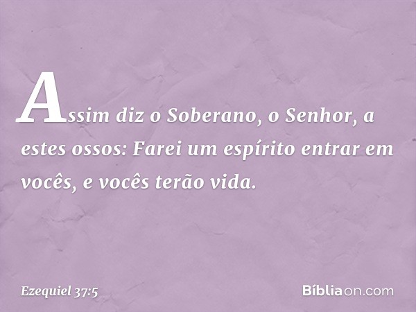 Assim diz o Soberano, o Senhor, a estes ossos: Farei um espírito entrar em vocês, e vocês terão vida. -- Ezequiel 37:5