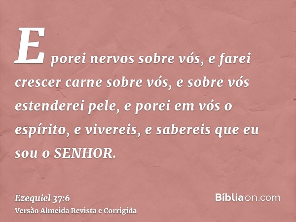 E porei nervos sobre vós, e farei crescer carne sobre vós, e sobre vós estenderei pele, e porei em vós o espírito, e vivereis, e sabereis que eu sou o SENHOR.
