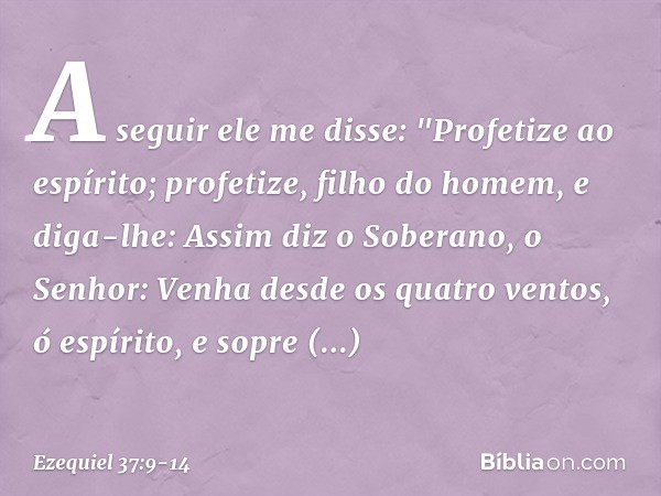 A seguir ele me disse: "Profetize ao espírito; profetize, filho do homem, e diga-lhe: Assim diz o Soberano, o Senhor: Venha desde os quatro ventos, ó espírito, 