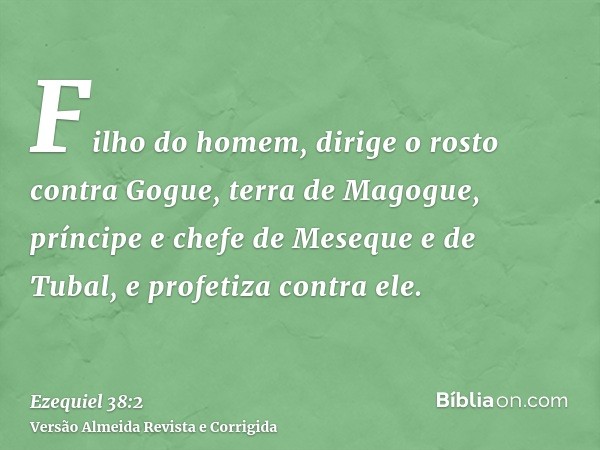 Filho do homem, dirige o rosto contra Gogue, terra de Magogue, príncipe e chefe de Meseque e de Tubal, e profetiza contra ele.