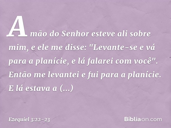 A mão do Senhor esteve ali sobre mim, e ele me disse: "Levante-se e vá para a planície, e lá falarei com você". Então me levantei e fui para a planície. E lá es