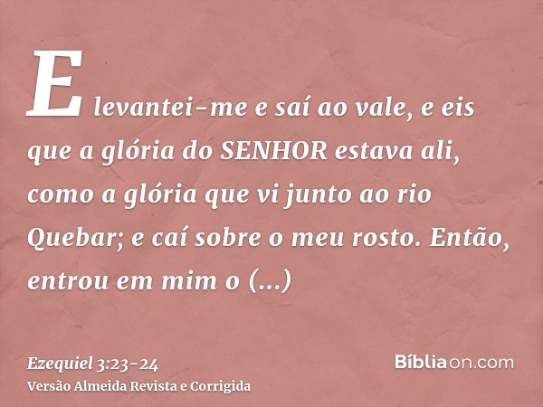 E levantei-me e saí ao vale, e eis que a glória do SENHOR estava ali, como a glória que vi junto ao rio Quebar; e caí sobre o meu rosto.Então, entrou em mim o E