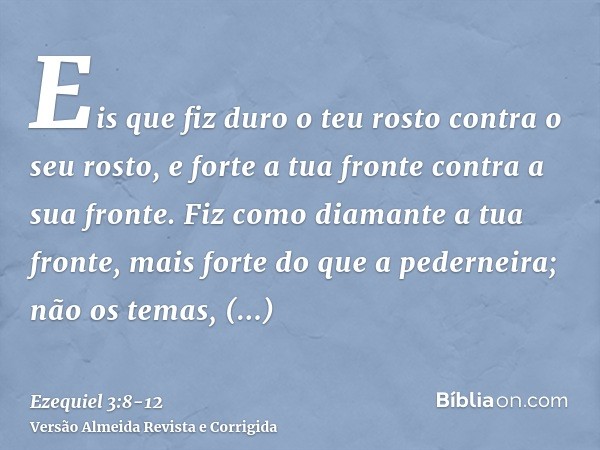 Eis que fiz duro o teu rosto contra o seu rosto, e forte a tua fronte contra a sua fronte.Fiz como diamante a tua fronte, mais forte do que a pederneira; não os