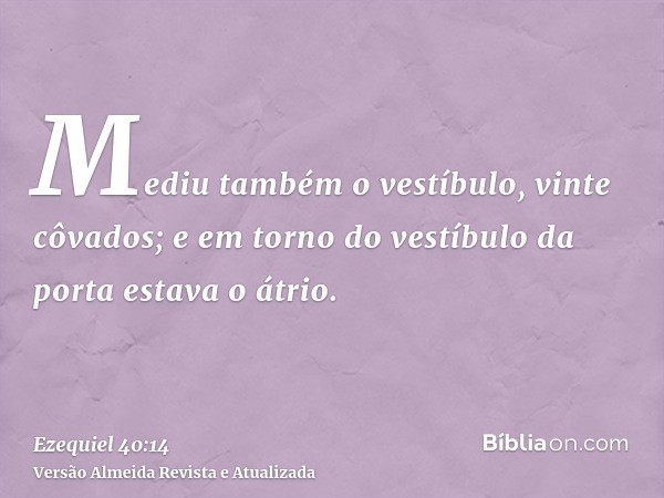 Mediu também o vestíbulo, vinte côvados; e em torno do vestíbulo da porta estava o átrio.