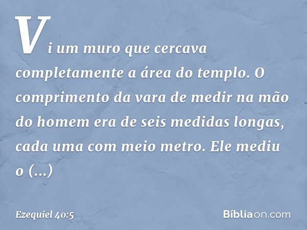 Vi um muro que cercava completamente a área do templo. O comprimento da vara de medir na mão do homem era de seis medidas longas, cada uma com meio metro. Ele m